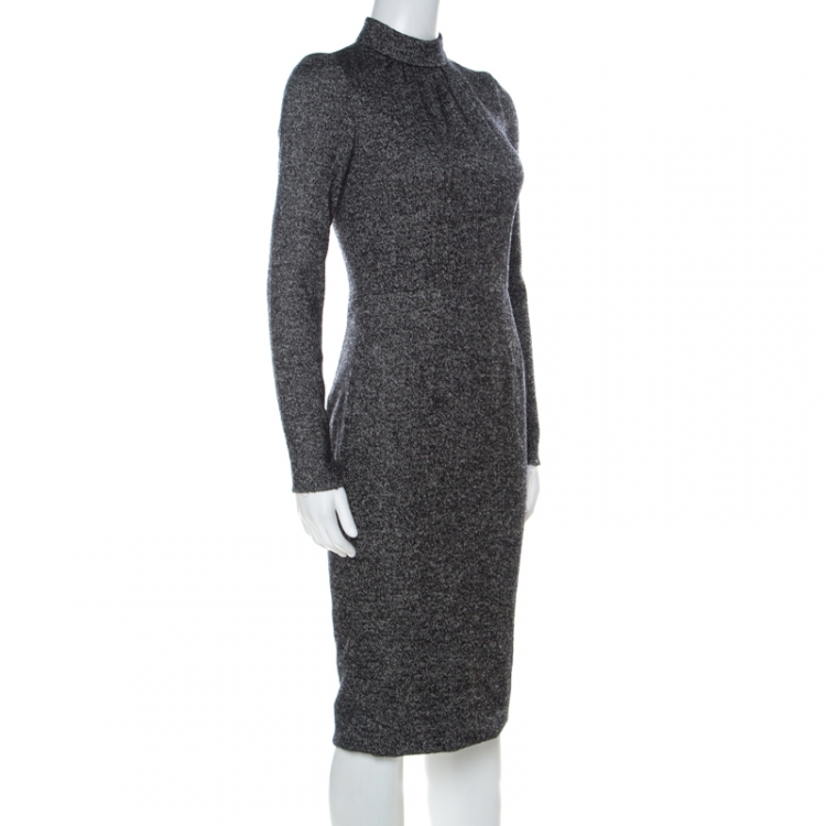 Pre Owned Dolce and Gabbana Tonal Grey Wool Blend Tweed Long Sleeve Sheath Dress XS