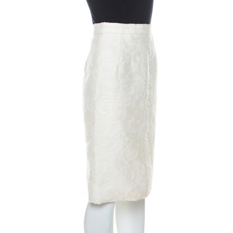 Pre Owned Dolce and Gabbana Off-White Cotton & Silk Blend Embossed Jacquard Sheath Skirt XS