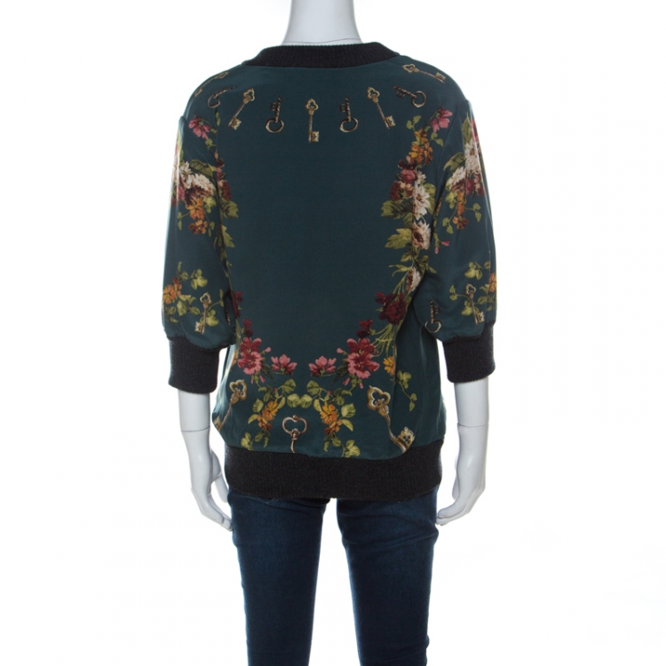 Pre Owned Dolce and Gabbana Green Key Print Silk & Wool Three Quarter Balloon Sleeve Jumper XS