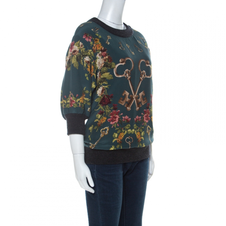 Pre Owned Dolce and Gabbana Green Key Print Silk & Wool Three Quarter Balloon Sleeve Jumper XS