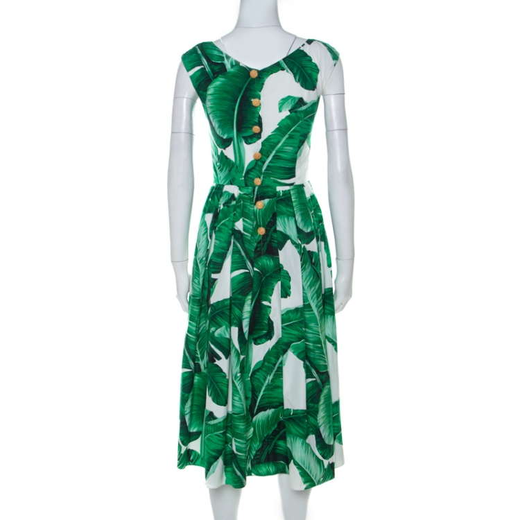 Pre Owned Dolce and Gabbana Banana Leaf Print Cotton Poplin Dress S