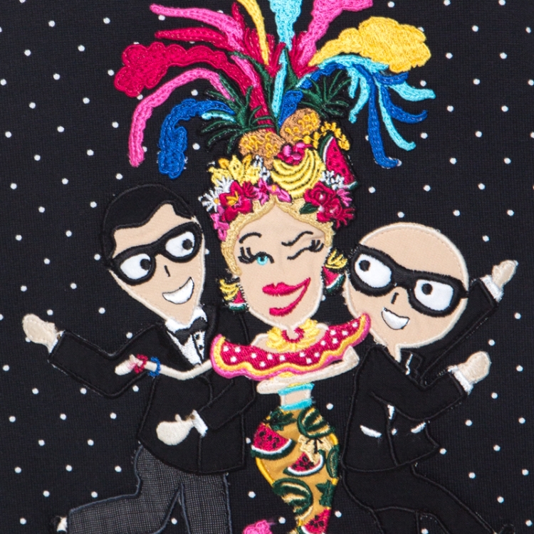 Pre Owned Dolce and Gabbana Black Polka Dot Print Cotton Jersey DG Family Applique Sweatshirt S