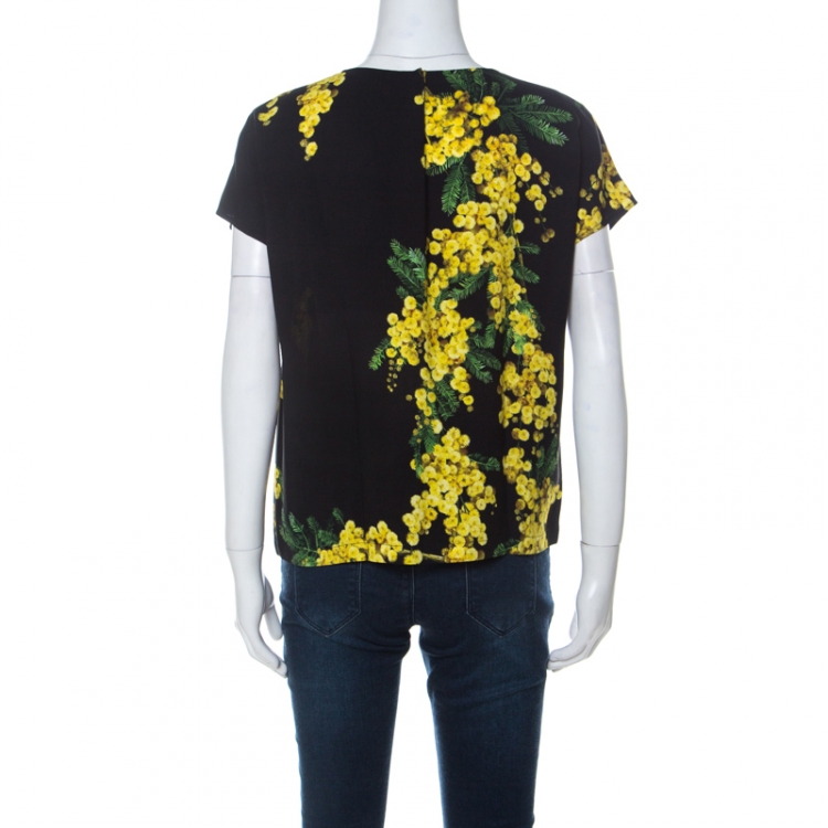 مملوكة مسبقًا Dolce and Gabbana Black and Yellow Floral Acacia Print Crepe French Sleeve Top M
