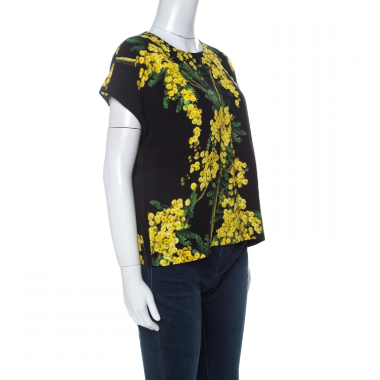 مملوكة مسبقًا Dolce and Gabbana Black and Yellow Floral Acacia Print Crepe French Sleeve Top M