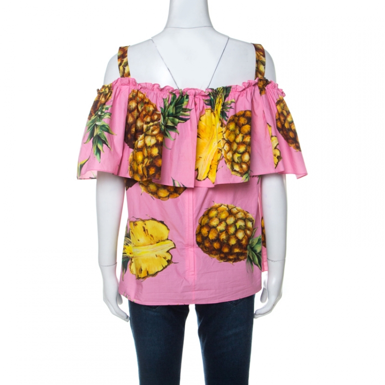 Pre Owned Dolce & Gabbana Pink Pineapple Print Cotton Bardot Top L