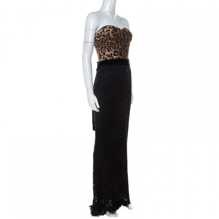 Pre Owned Dolce & Gabbana Multicolor Leopard Print and Lace Strapless Maxi Corset Dress S