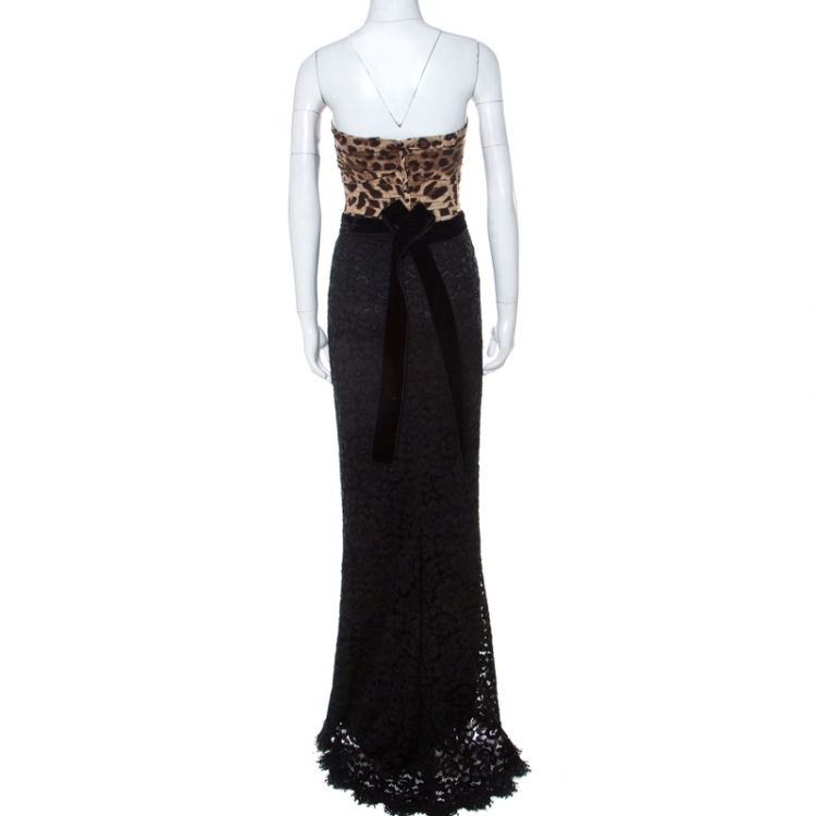 Pre Owned Dolce & Gabbana Multicolor Leopard Print and Lace Strapless Maxi Corset Dress S