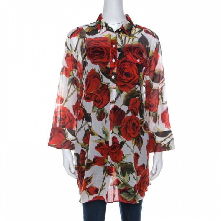 Pre Owned Dolce and Gabbana Red and White Rose Printed Cotton Tunic Shirt L