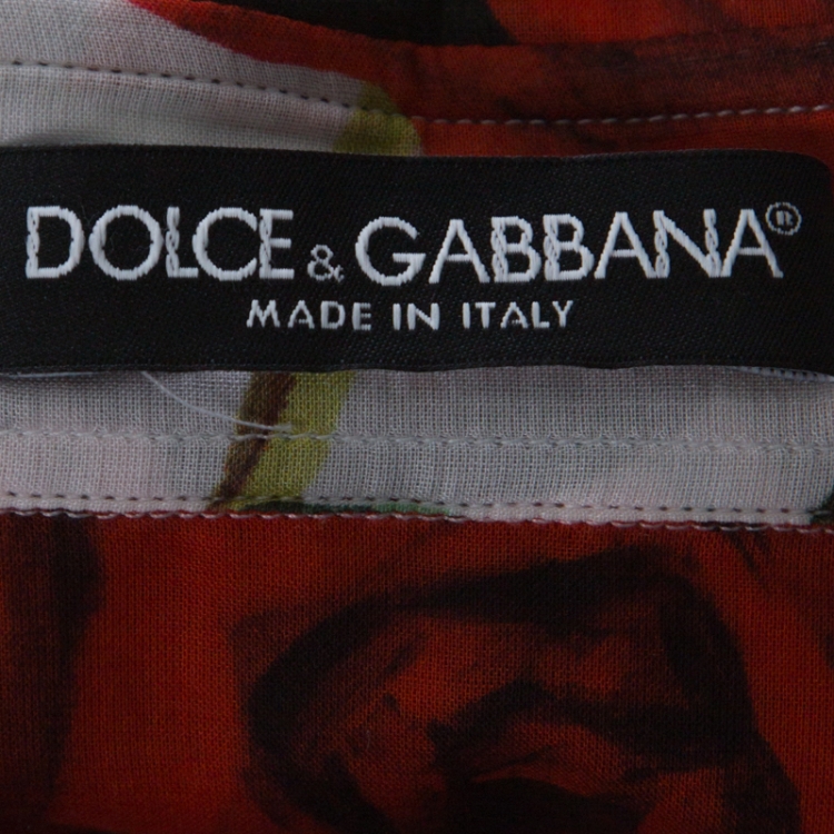 Pre Owned Dolce and Gabbana Red and White Rose Printed Cotton Tunic Shirt L