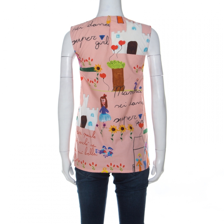 Pre Owned Dolce & Gabbana Pink Crayon Printed Cotton Sleeveless Top XS