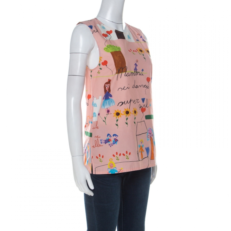 Pre Owned Dolce & Gabbana Pink Crayon Printed Cotton Sleeveless Top XS