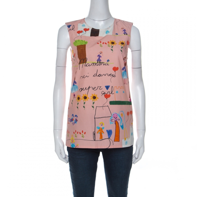 Pre Owned Dolce & Gabbana Pink Crayon Printed Cotton Sleeveless Top XS