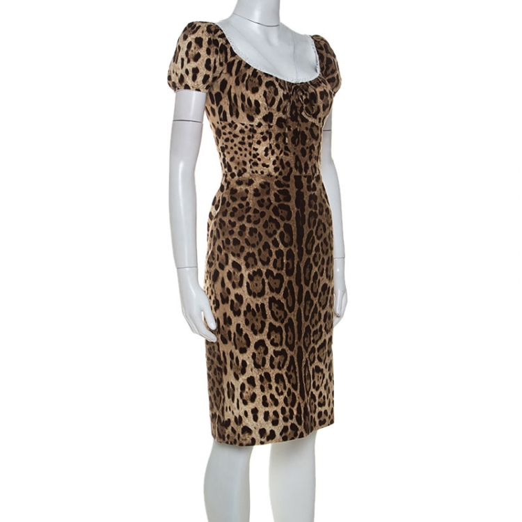 Pre Owned Dolce & Gabbana Leopard Print Cotton Blend Lace Trim Detail Dress XS