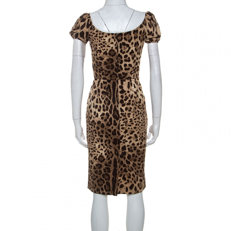 Pre Owned Dolce & Gabbana Leopard Print Cotton Blend Lace Trim Detail Dress XS