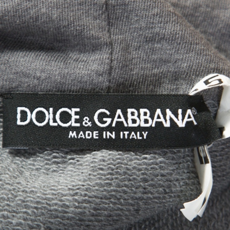 Pre Owned Dolce and Gabbana Grey Knit Floral Embroidered Logo Detail Hoodie M