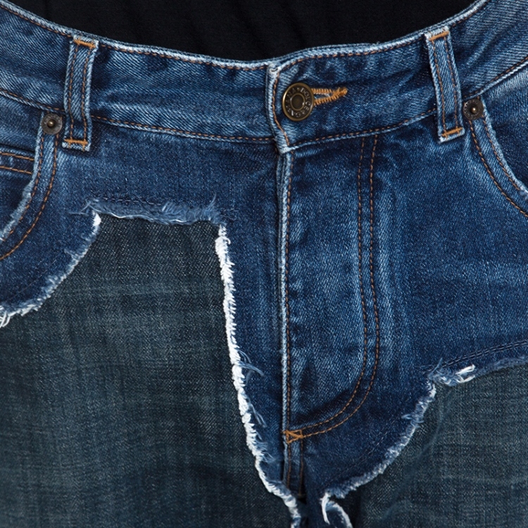 Pre Owned Dolce & Gabbana Blue Denim Embroidery Detail Frayed Crop Jeans M