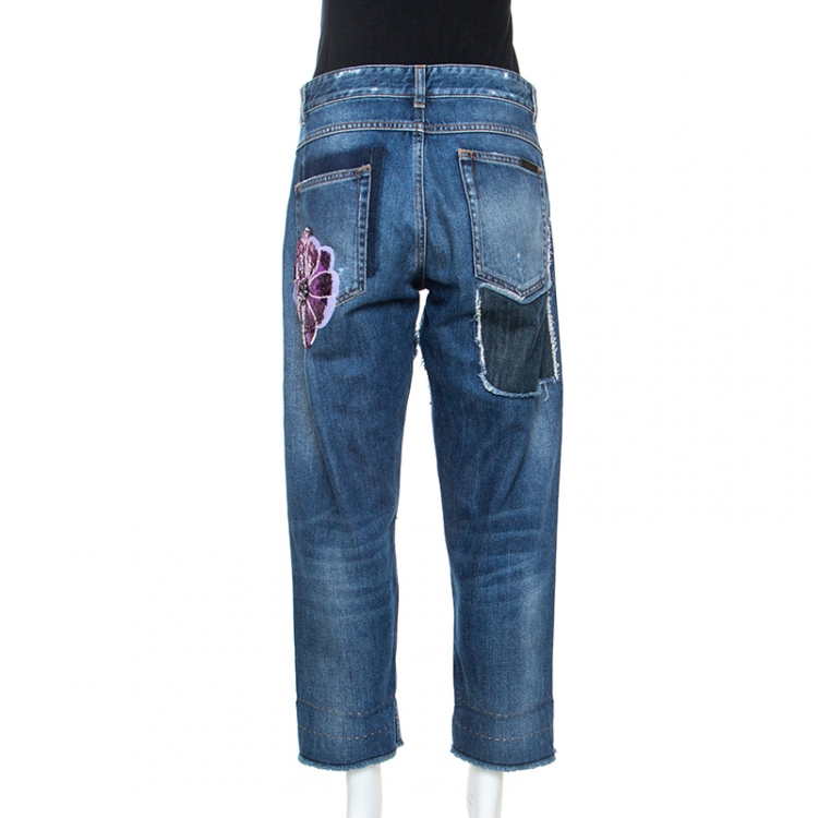 Pre Owned Dolce & Gabbana Blue Denim Embroidery Detail Frayed Crop Jeans M