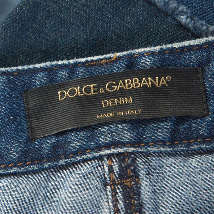 Pre Owned Dolce & Gabbana Blue Denim Embroidery Detail Frayed Crop Jeans M