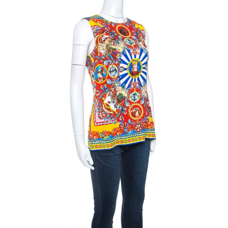 Pre Owned Dolce and Gabbana Multicolor Sicilian Printed Silk Sleeveless Top M