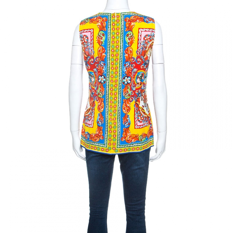 Pre Owned Dolce and Gabbana Multicolor Sicilian Printed Silk Sleeveless Top M