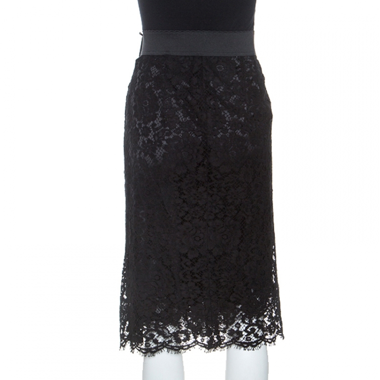 Pre Owned Dolce and Gabbana Black Lace Knee Length Skirt M