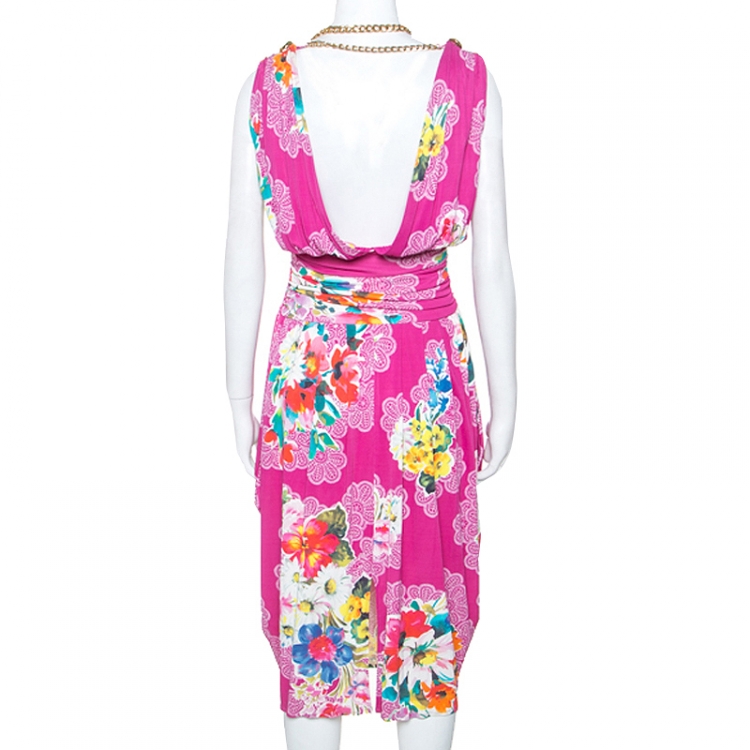 Pre Owned Dolce and Gabbana Pink Floral Print Jersey Draped Chain Detail Dress M