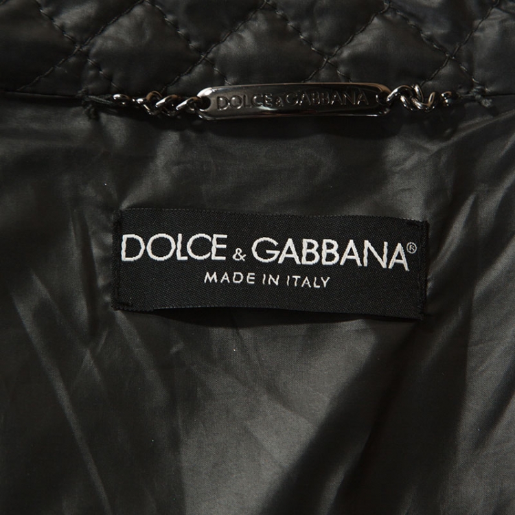 Pre Owned Dolce & Gabbana Dark Green Leather Trim Quilted Biker Jacket M