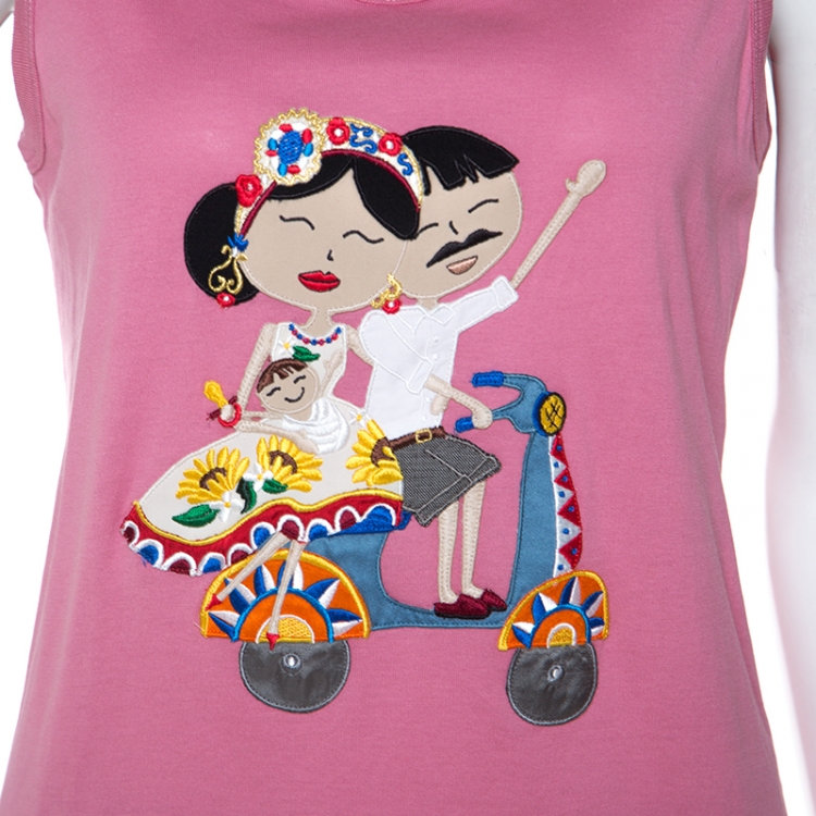 Pre Owned Dolce & Gabbana Pink Cotton DG Family Applique Tank Top S