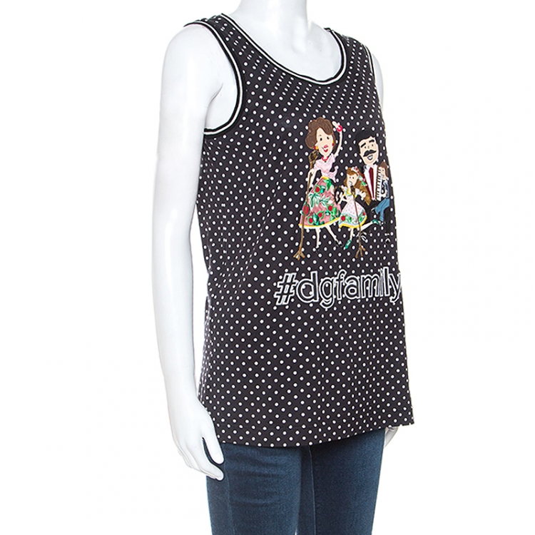 Pre Owned Dolce & Gabbana Black Polka Dot DG Family Applique Cotton Tank Top S
