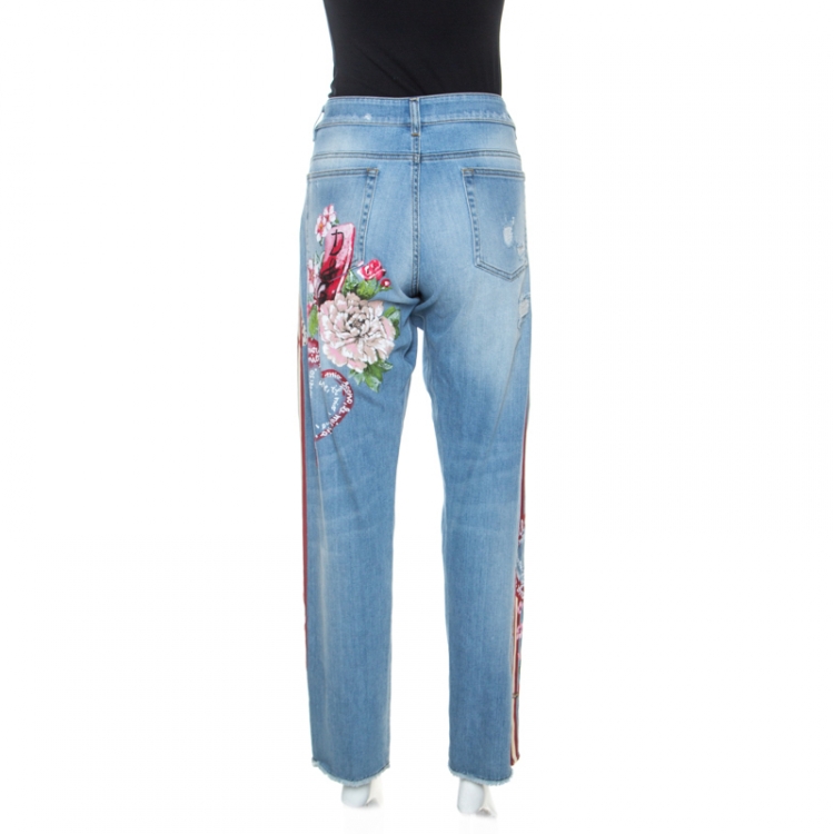 Pre Owned Dolce & Gabbana Indigo Applique And Painted Denim Distressed Jeans L