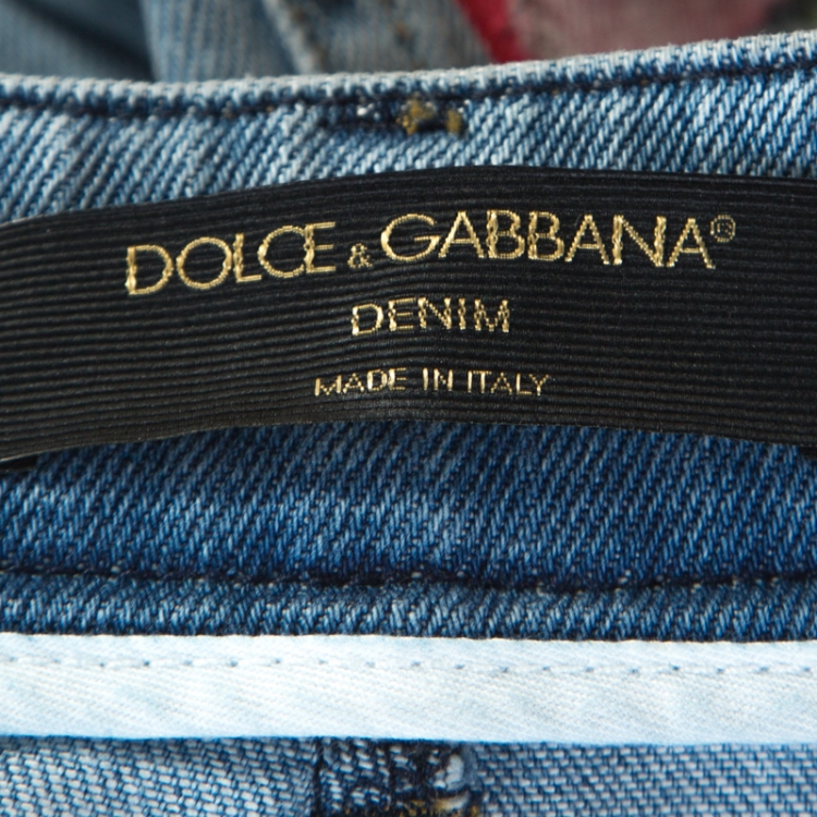 Pre Owned Dolce & Gabbana Indigo Applique And Painted Denim Distressed Jeans L