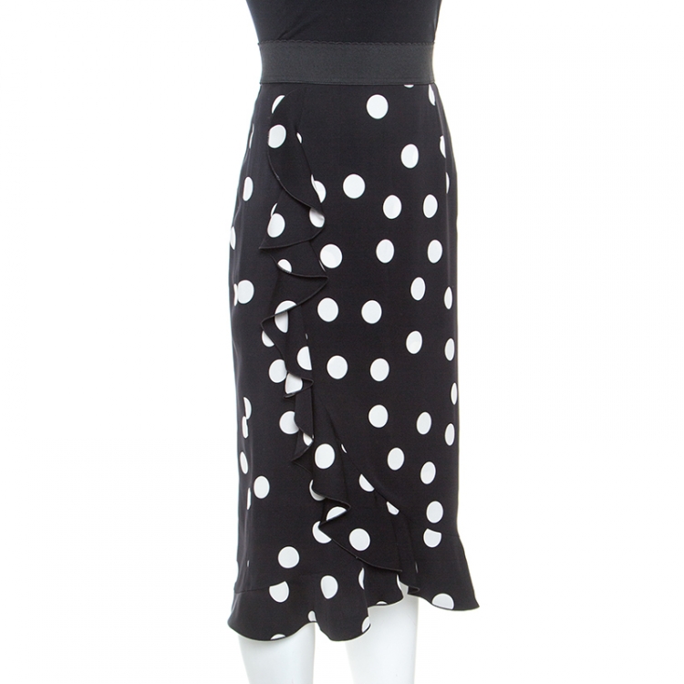 Pre Owned Dolce & Gabbana Black Polka Dotted Stretch Silk Ruffled Flounce Skirt M