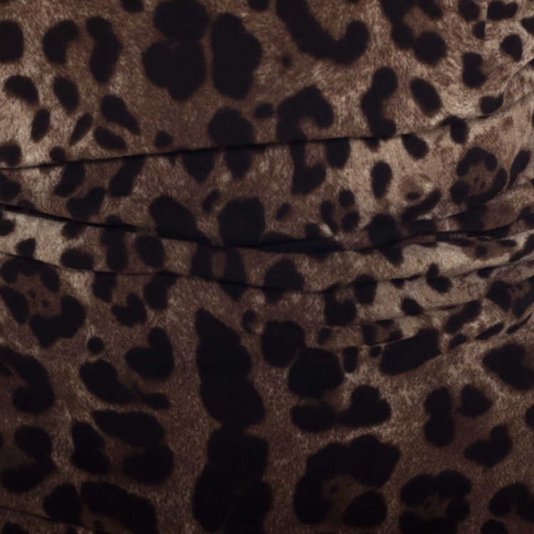 Pre Owned Dolce and Gabbana Brown Crepe Leopard Print Ruched Detail Dress M