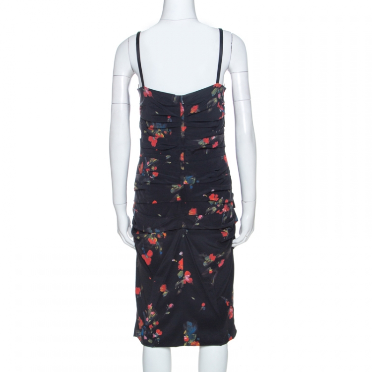 مملوكة مسبقًا Dolce & Gabbana Black Floral Print Stretch Silk Ruched Dress M