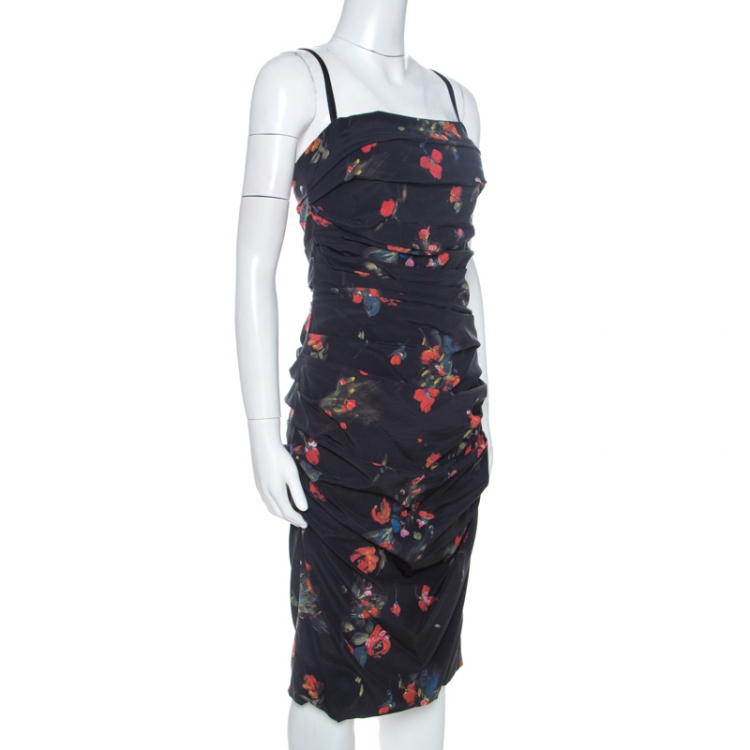 مملوكة مسبقًا Dolce & Gabbana Black Floral Print Stretch Silk Ruched Dress M