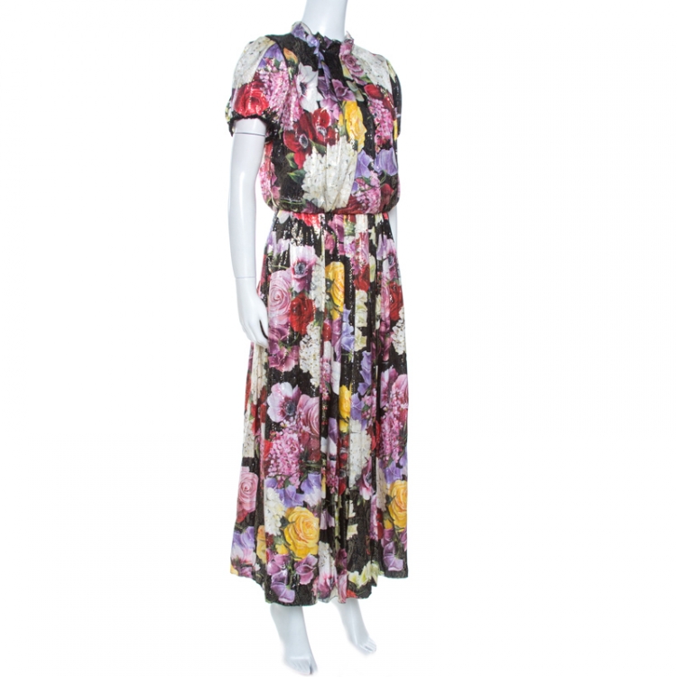 Pre Owned Dolce & Gabbana Multicolor Floral Print Lurex Silk Maxi Dress L