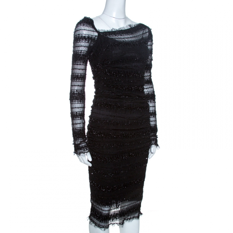 Pre Owned Dolce & Gabbana Black Sequined Ruched Tulle Dress M