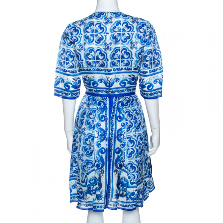 Pre Owned Dolce & Gabbana Blue Majolica Print Silk Organza Pleated Midi Dress M