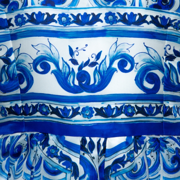 Pre Owned Dolce & Gabbana Blue Majolica Print Silk Organza Pleated Midi Dress M