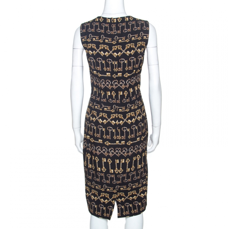 Pre Owned Dolce and Gabbana Black Crepe Key Print Sheath Dress M 