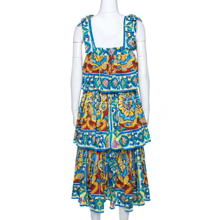 مملوكة مسبقًا Dolce & Gabbana Multicolor Majolica Print Cotton Tiered Midi Dress M