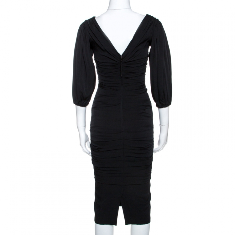 Pre Owned Dolce & Gabbana Black Stretch Silk Ruched Midi Dress XS