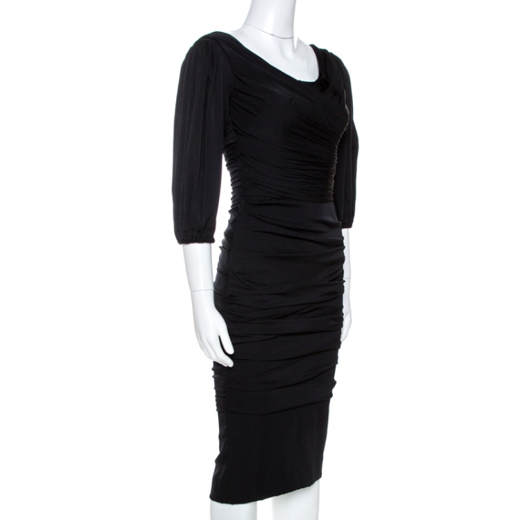 Pre Owned Dolce & Gabbana Black Stretch Silk Ruched Midi Dress XS