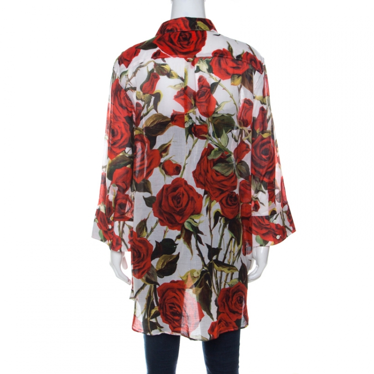 Pre Owned Dolce & Gabbana Red and White Rose Print Cotton Tunic Shirt S