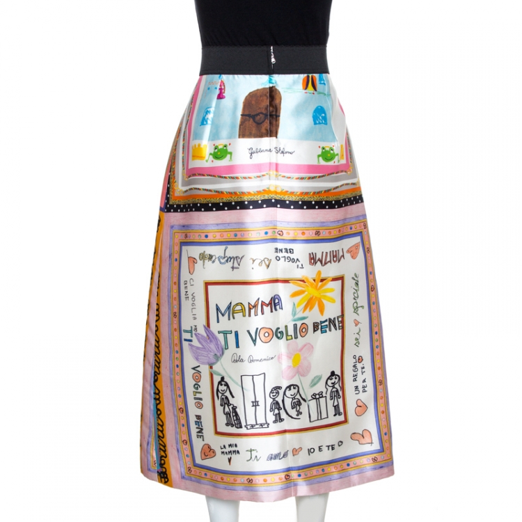 Pre Owned Dolce & Gabbana Multicolor Silk Drawing Print Midi Skirt M