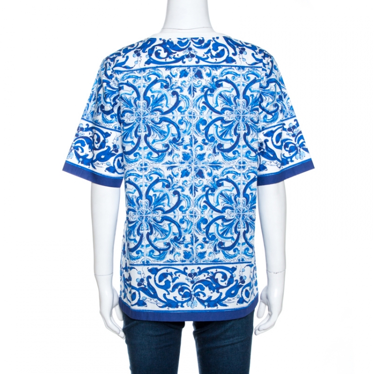 Pre Owned Dolce & Gabbana Blue Majolica Print Cotton Poplin Top S
