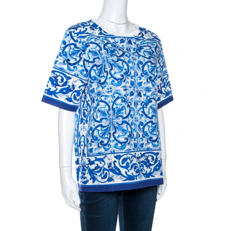 Pre Owned Dolce & Gabbana Blue Majolica Print Cotton Poplin Top S