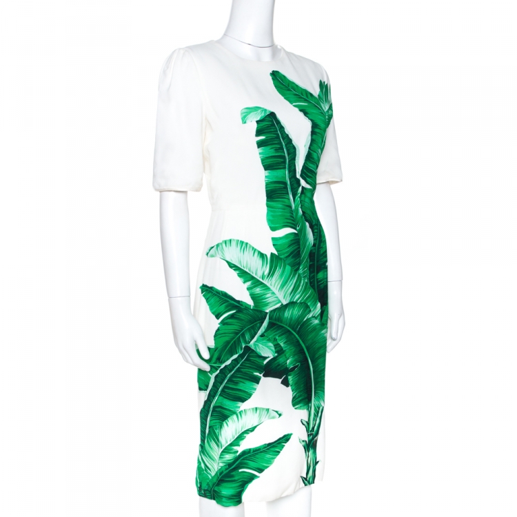 Pre Owned Dolce & Gabbana Bicolor Banana Leaf Print Crepe Fitted Dress M