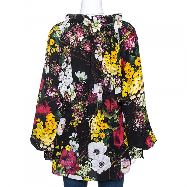 Pre Owned Dolce & Gabbana Black Floral Printed Silk Ruffle Detail Blouse XL 