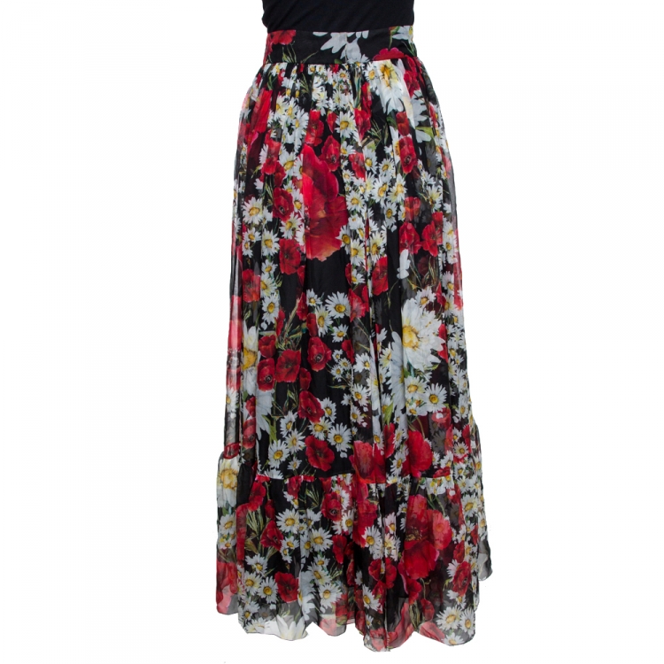 Pre Owned Dolce & Gabbana Black Floral Print Flared Maxi Skirt M 